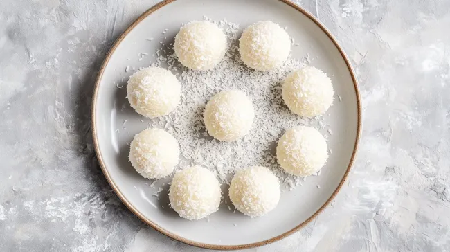 Weiße Kokoskugeln auf Teller mit Kokosraspeln