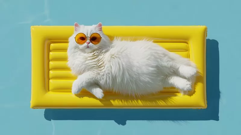Weiße Langhaarkatze mit Sonnenbrille auf gelber Luftmatratze