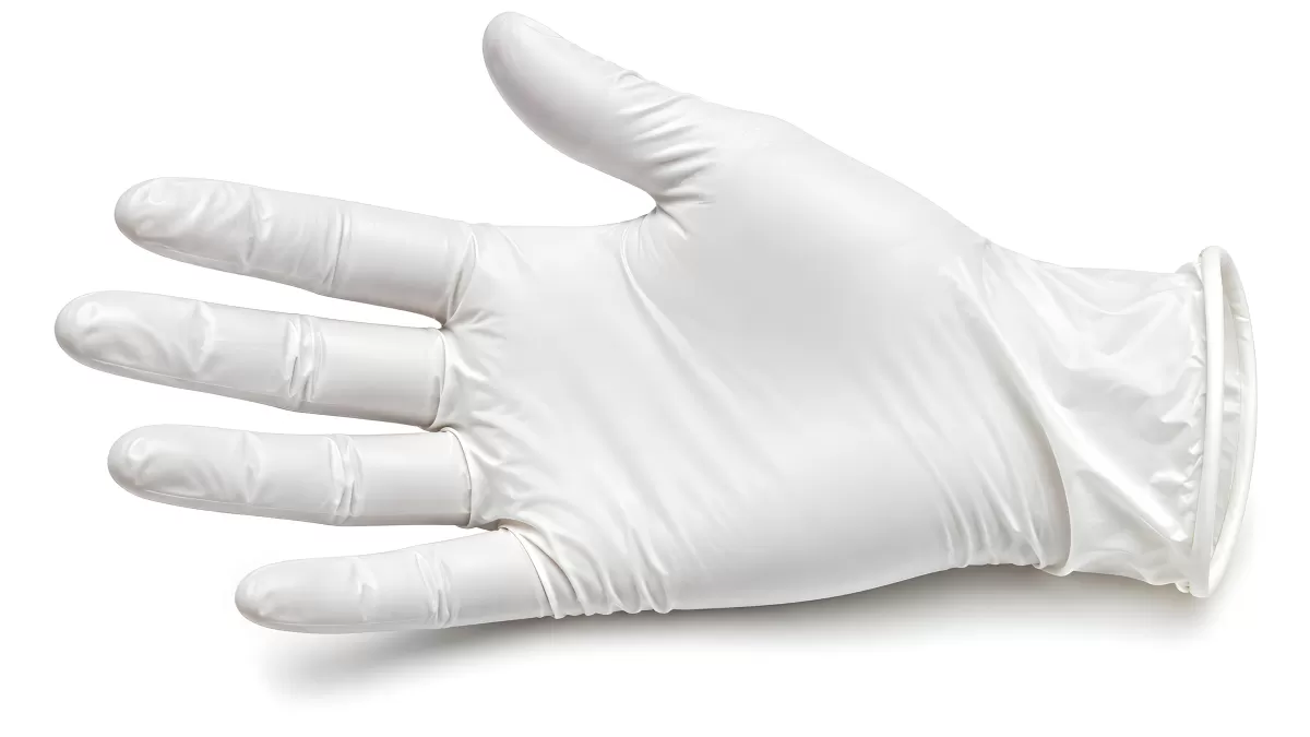 Weiße Latexhandschuhe auf hellem Hintergrund