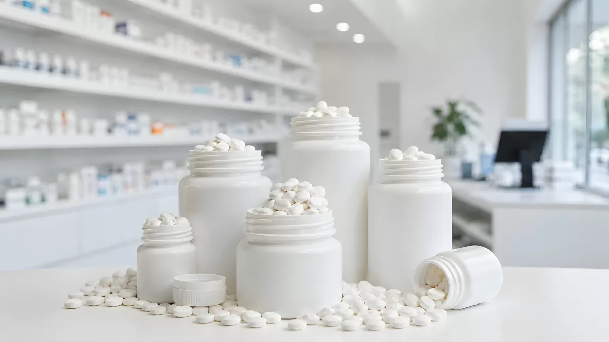 Weiße Medikamentenflaschen mit Tabletten in Apotheke