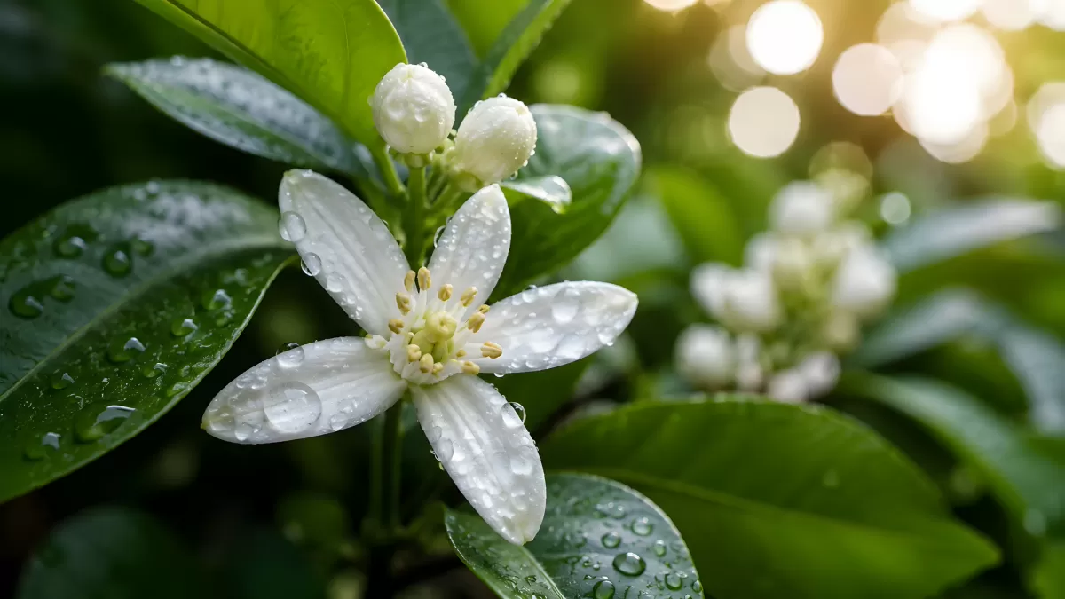 Weiße Orangenblüte mit Wassertropfen im Morgenlicht