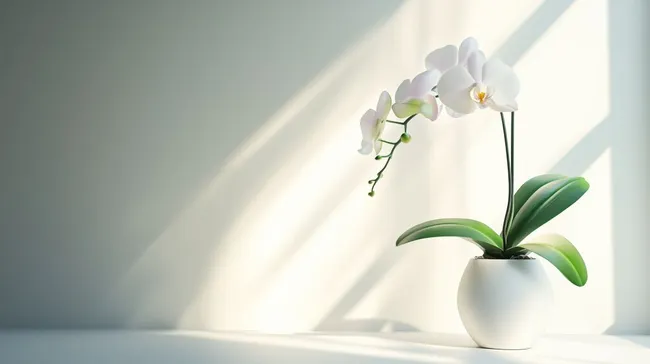Weiße Orchidee in minimalistischer Vase mit Sonnenlicht