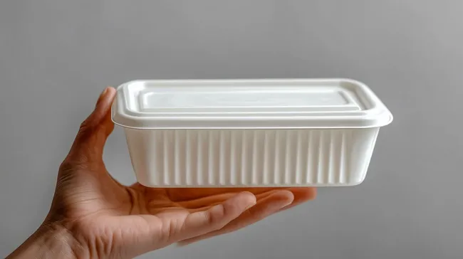 Weiße Plastikbox für To-Go-Gerichte in Handinnenfläche