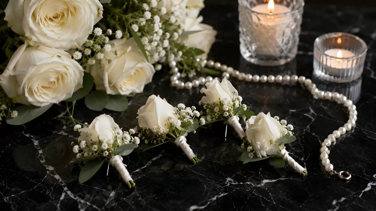Weiße Rosen Boutonnieres mit Perlen und Kerzen