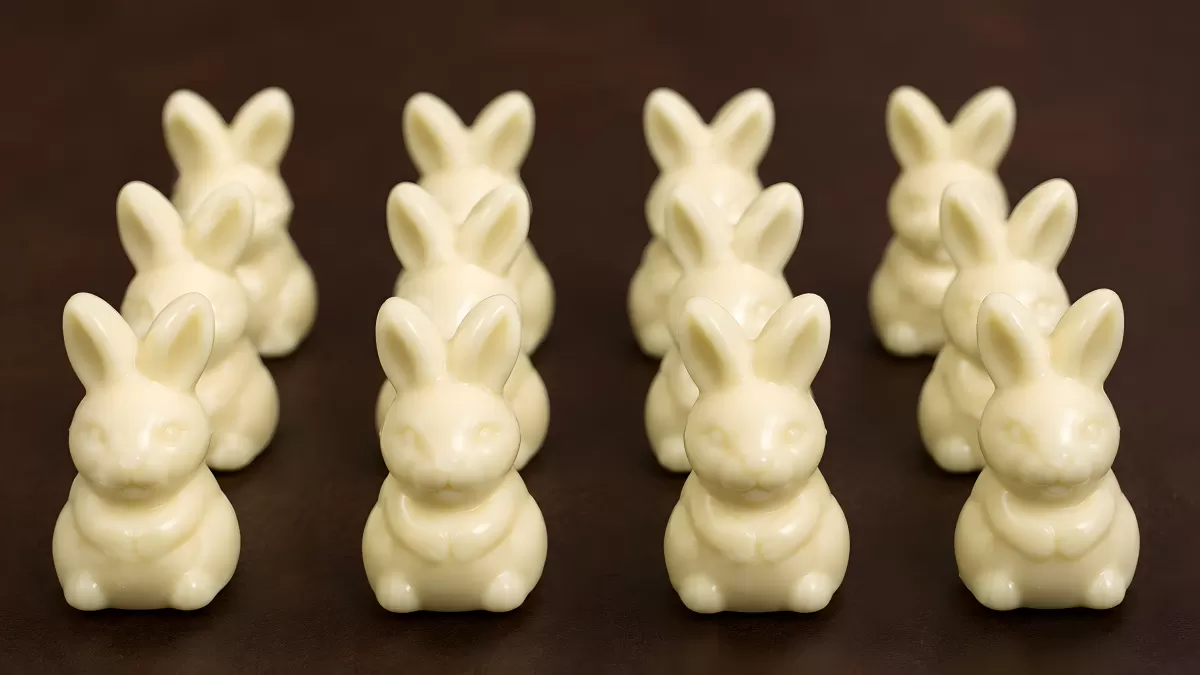 Weiße Schokoladenhasen in Reihe zu Ostern