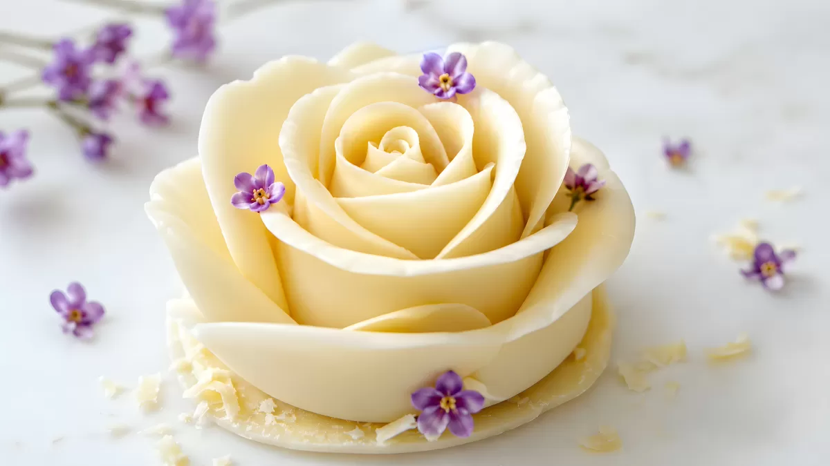 Weiße Schokoladenrose mit Lavendelblüten Dekoration