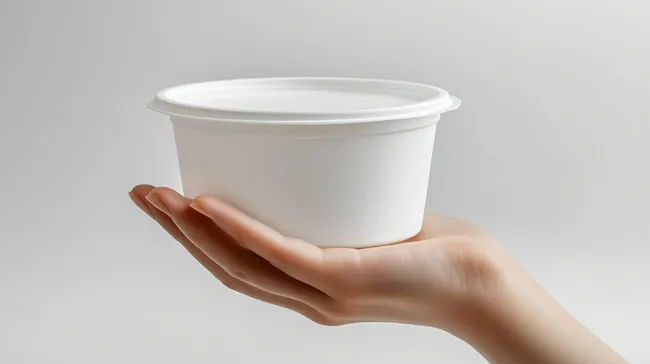 Weiße Schüssel in Händen auf Grau