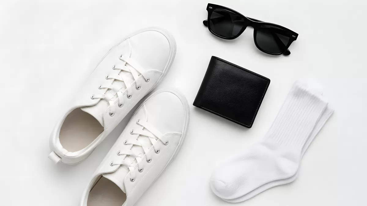 Weiße Sneaker mit Accessoires auf hellem Hintergrund