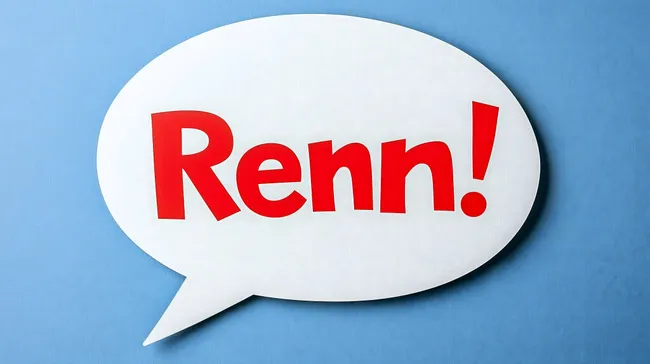 Weiße Sprechblase mit dem Wort 'Renn!' in Rot