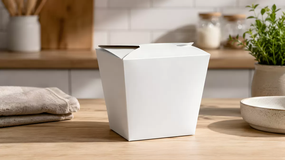 Weiße Takeaway-Box auf Holztisch in heller Küche