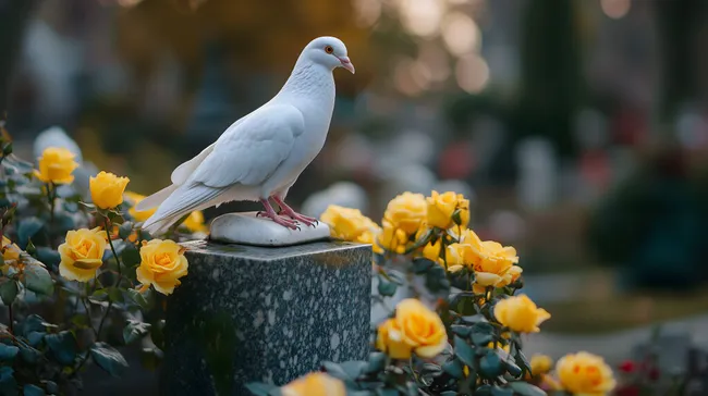 Weiße Taube auf Grabstein mit gelben Rosen