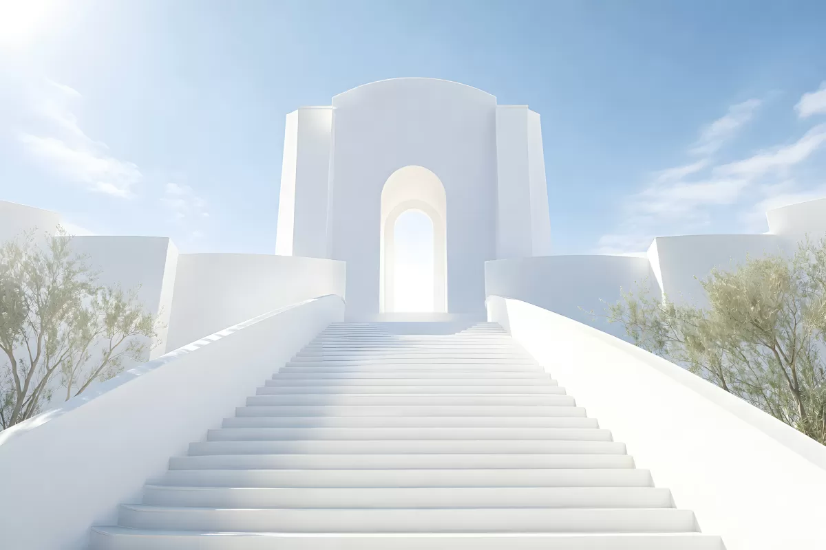 Weiße Treppe führt zu leuchtendem Bogentor im Himmel