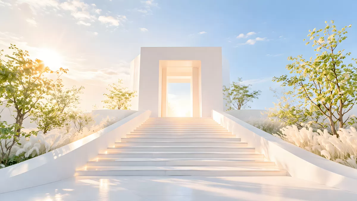 Weiße Treppe führt zu leuchtendem Tor im Sonnenlicht