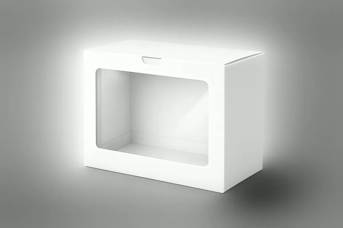Weiße Verpackungsbox mit Sichtfenster auf grauem Hintergrund
