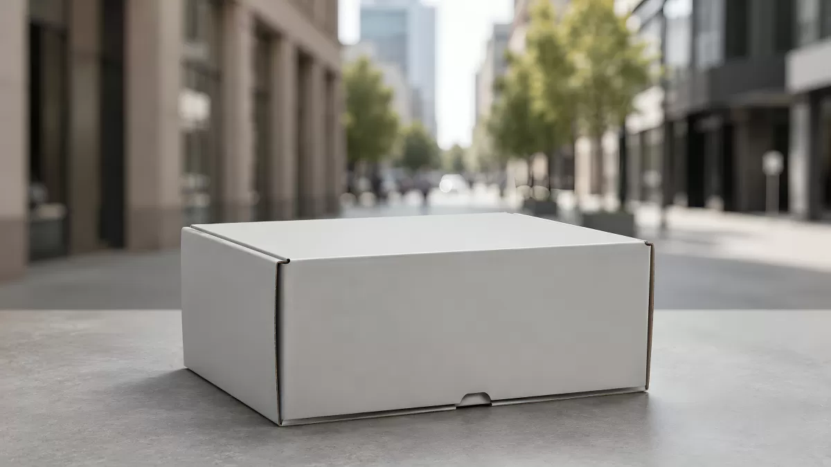 Weiße Versandbox auf Betonboden in urbaner Umgebung