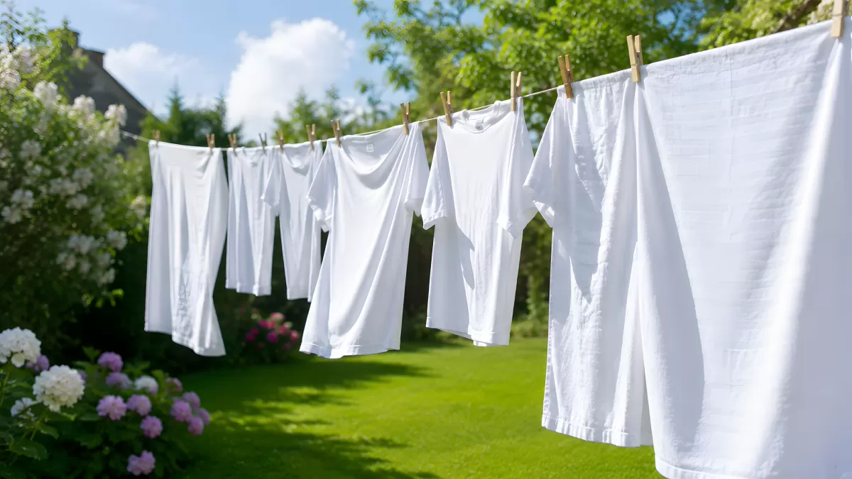 Weiße Wäsche trocknet auf Leine im Sommergarten