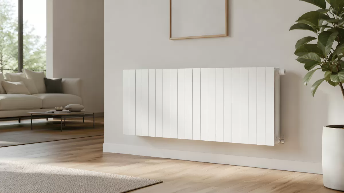 Weißer Aluminium-Heizkörper an heller Wohnzimmerwand