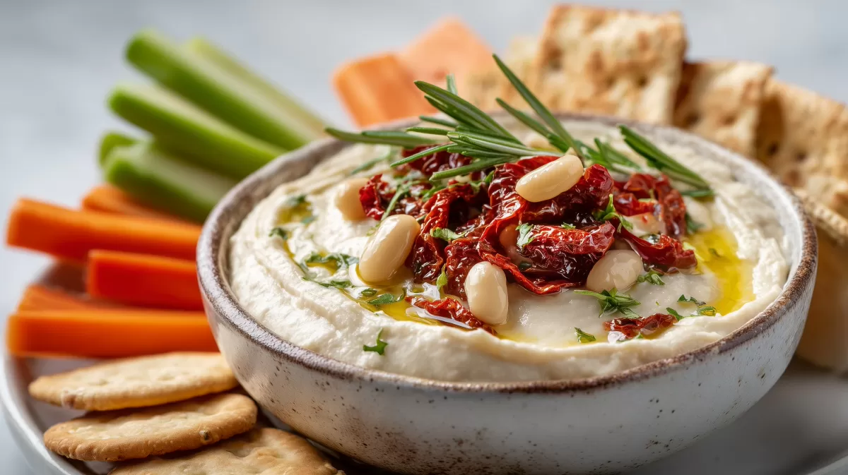 Weißer Bohnen Dip mit getrockneten Tomaten serviert