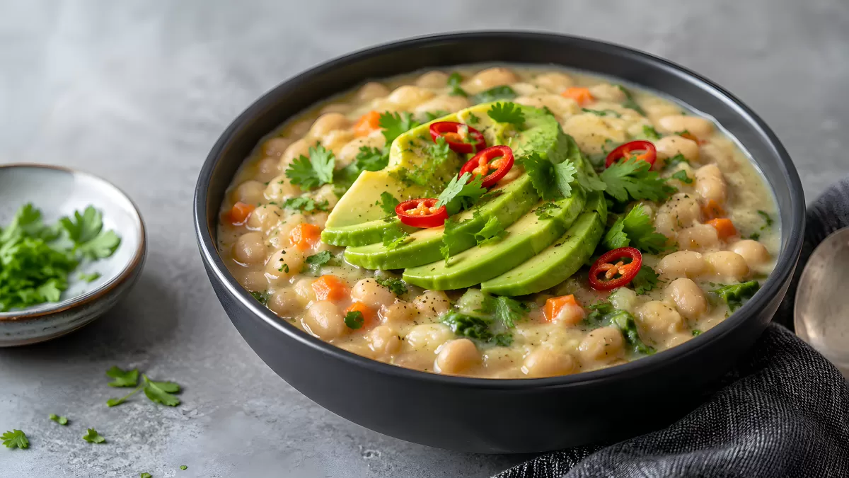 Weißer Bohneneintopf mit Avocado und Chili