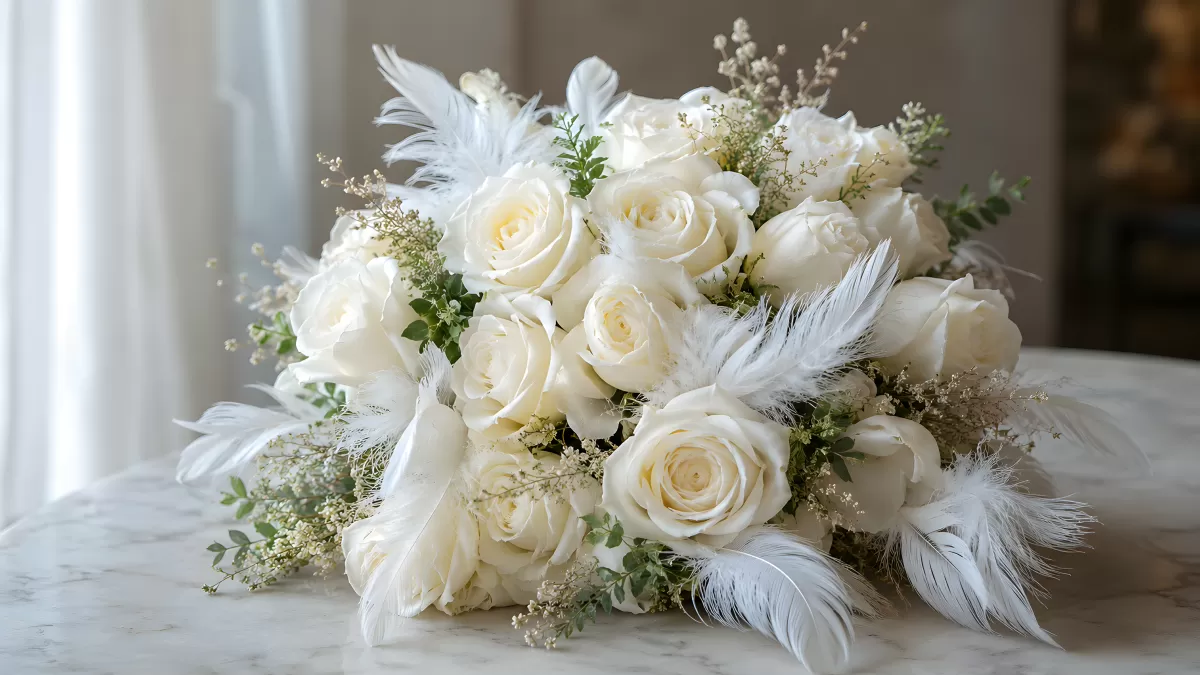 Weißer Brautstrauß mit Rosen und Federn auf Marmor