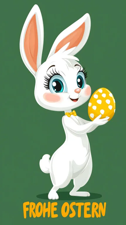 Weißer Comic-Osterhase mit gelbem Punktei