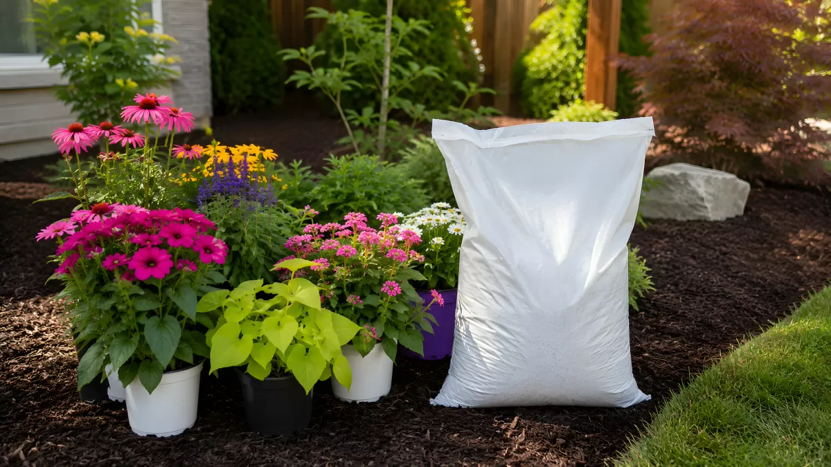 Weißer Düngemittelsack neben bunten Blumentöpfen im Garten