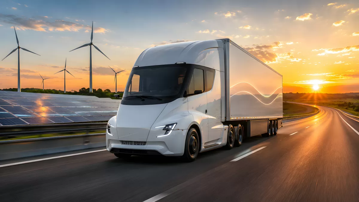 Weißer Elektro-Lkw fährt bei Sonnenuntergang auf Autobahn