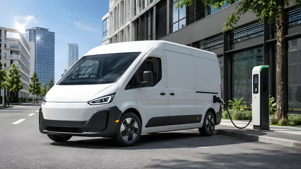 Weißer Elektro-Transporter lädt an urbaner Ladestation