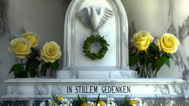 Weißer Engel, Kranz und gelbe Rosen auf Marmorgrabstein