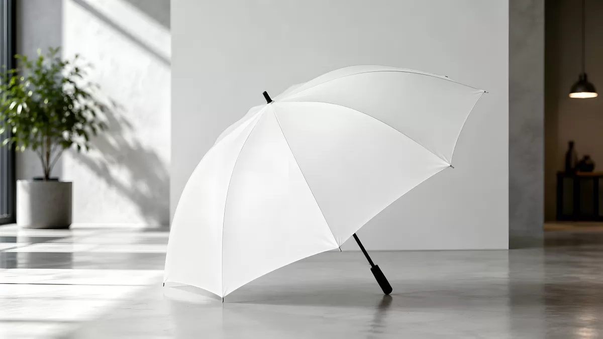 Weißer geöffneter Regenschirm in modernem Innenraum