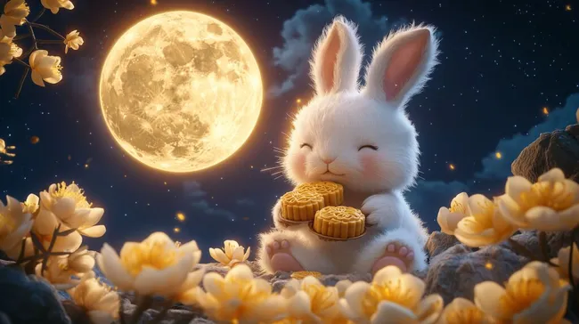 Weißer Hase genießt Mondfest mit Mondkuchen unter Vollmond