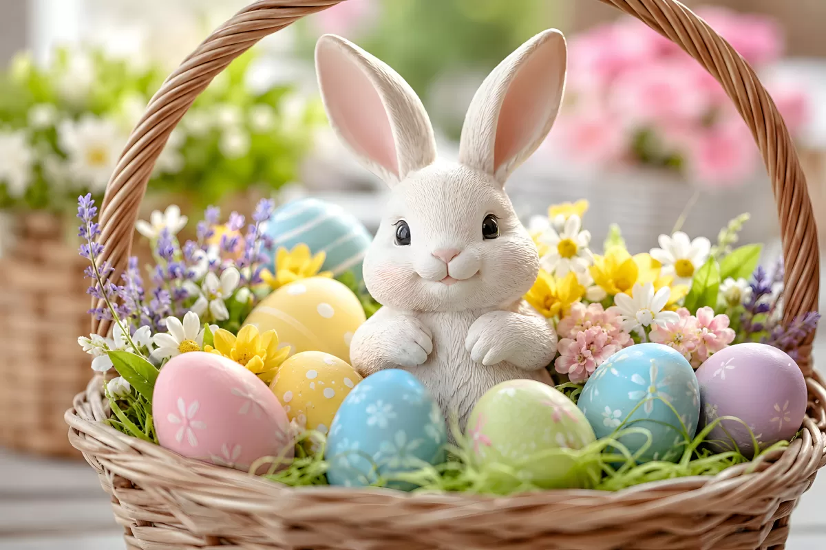 Weißer Hase im Weidenkorb mit bunten Ostereiern