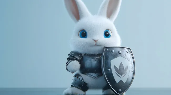 Weißer Hase in Ritterrüstung mit Schild