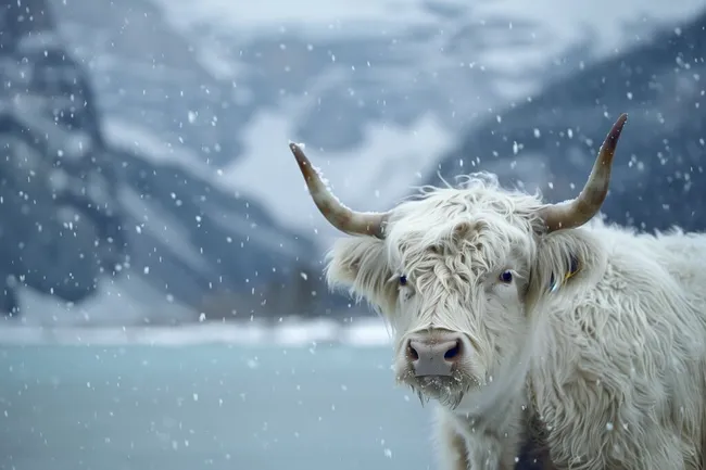 Weißer Hochlandochse im Schneesturm
