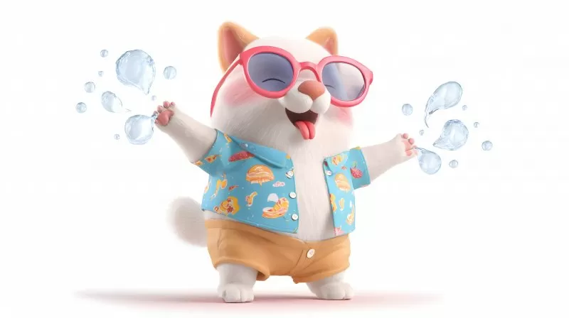 Weißer Hund mit Sonnenbrille und Hawaiihemd spritzt Wasser