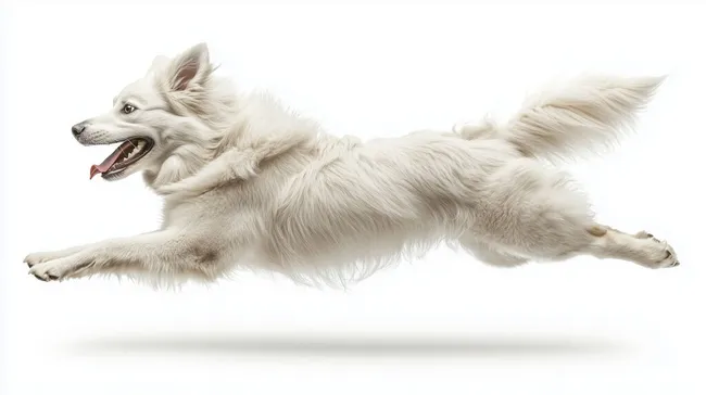 Weißer Hund springt fröhlich in die Luft