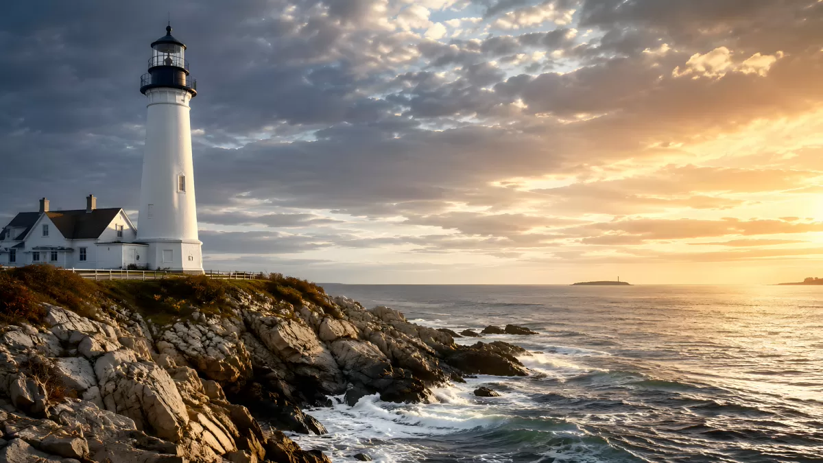 Weißer Leuchtturm an felsiger Küste bei Sonnenuntergang