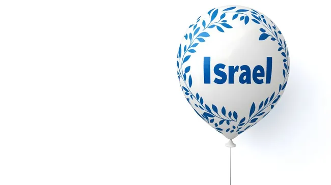 Weißer Luftballon mit Israelbeschriftung und Olivenzweigen