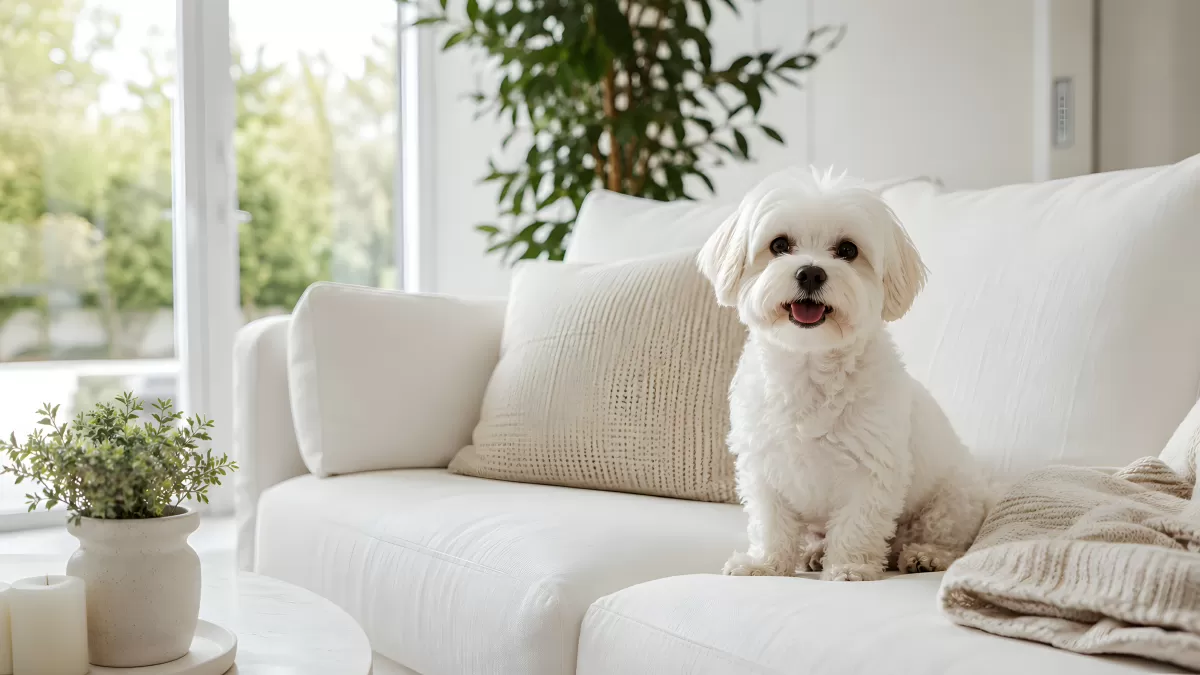 Weißer Malteser sitzt auf hellem Sofa im Wohnzimmer