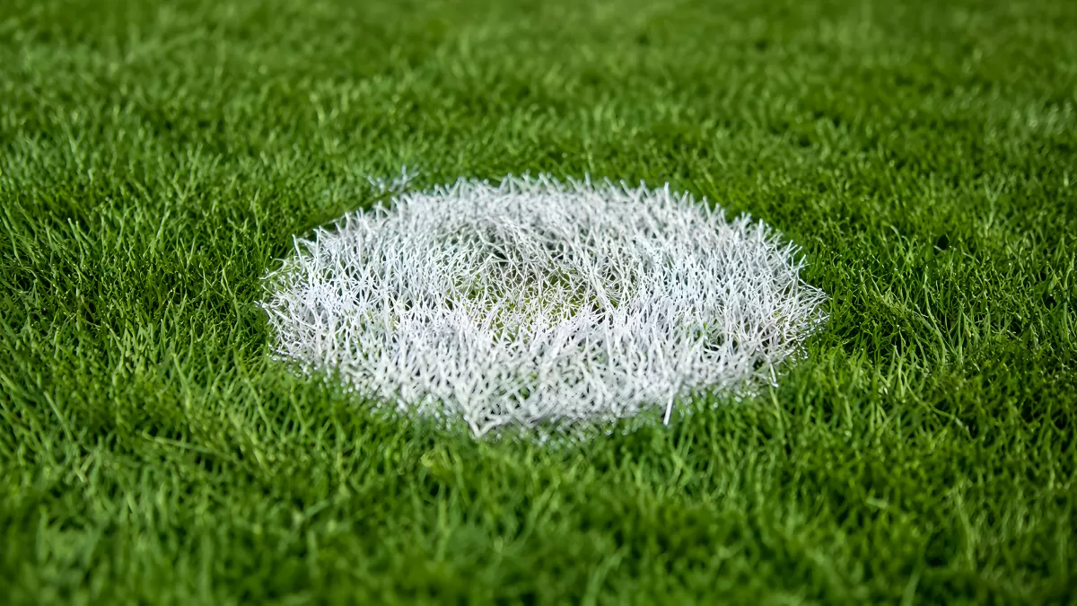 Weißer Mittelpunkt auf frisch gemähtem Fußballrasen