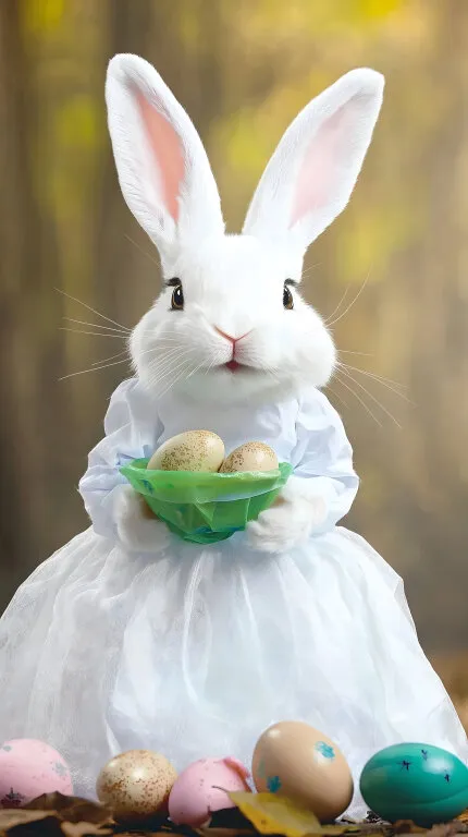 Weißer Osterhase im Kleid mit Eiern im Korb im Wald