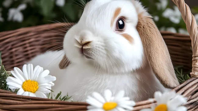 Weißer Osterhase im Korb mit Gänseblümchen
