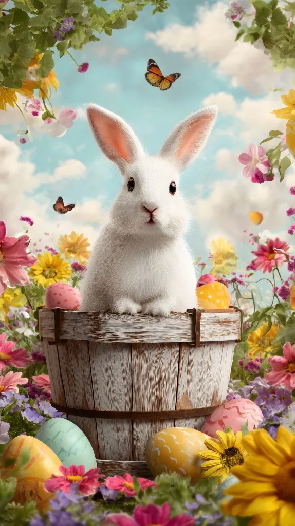 Weißer Osterhase in blühender Frühlingslandschaft