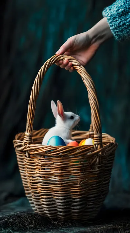 Weißer Osterhase in geschmücktem Weidenkorb