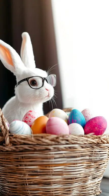 Weißer Osterhase mit Brille im Korb mit bunten Eiern