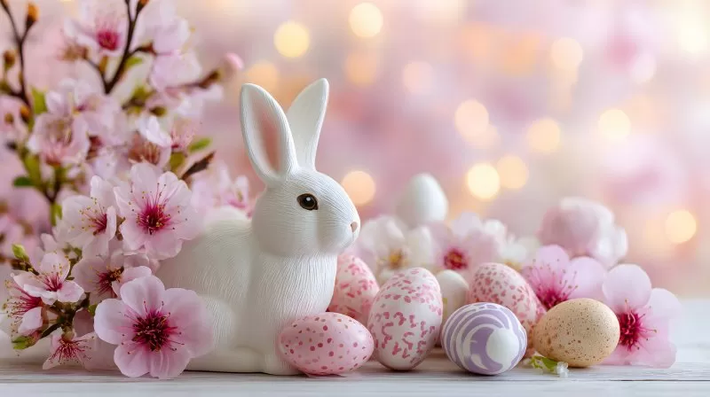 Weißer Osterhase mit Ostereiern und Kirschblüten
