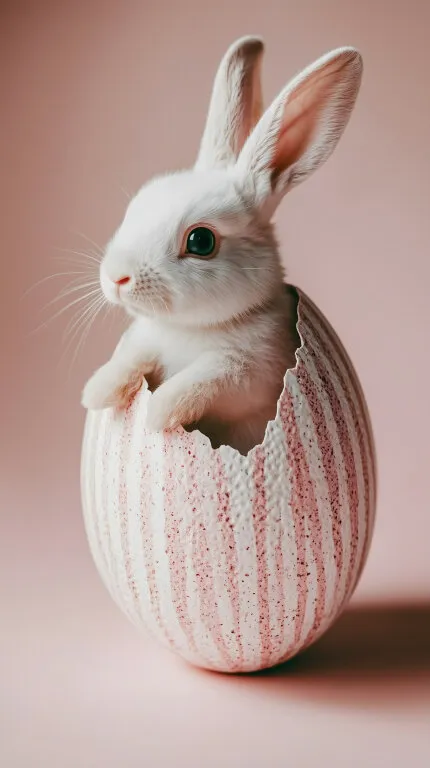 Weißer Osterhasen-Welpe in rosafarbenem Osterei