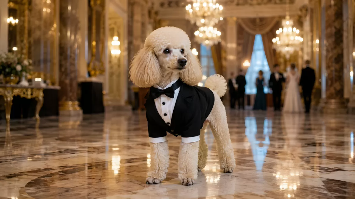 Weißer Pudel im Smoking bei elegantem Empfang