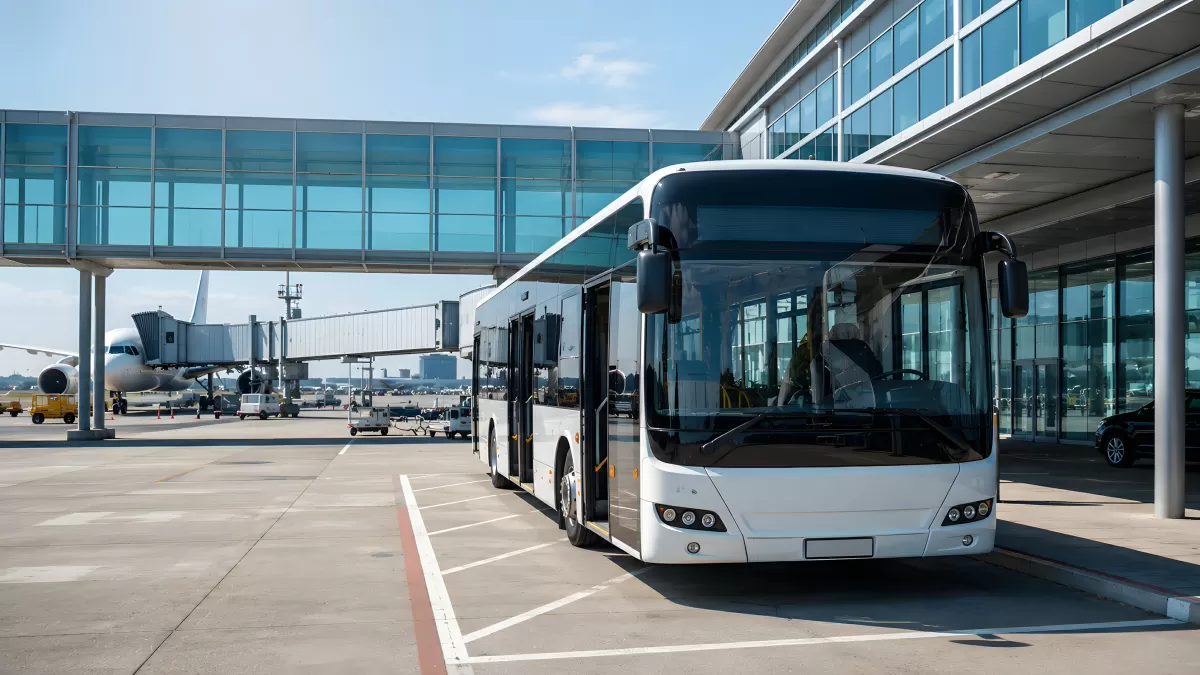 Weißer Reisebus vor modernem Flughafenterminal