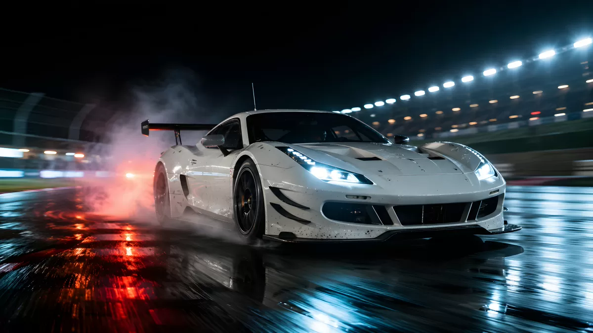 Weißer Rennwagen driftet nachts beim 24h-Stunden-Rennen